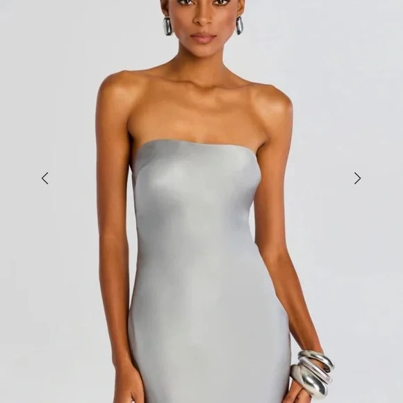 Retrofete Silver Strapless Satin Column Gown - Picture 5 of 5
